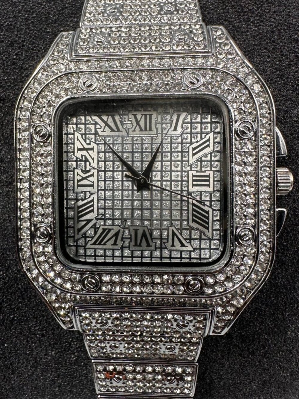 Mens Iced Out Watch Silver Tone Square Dial Bling Rhinestone Y2k New Battery
